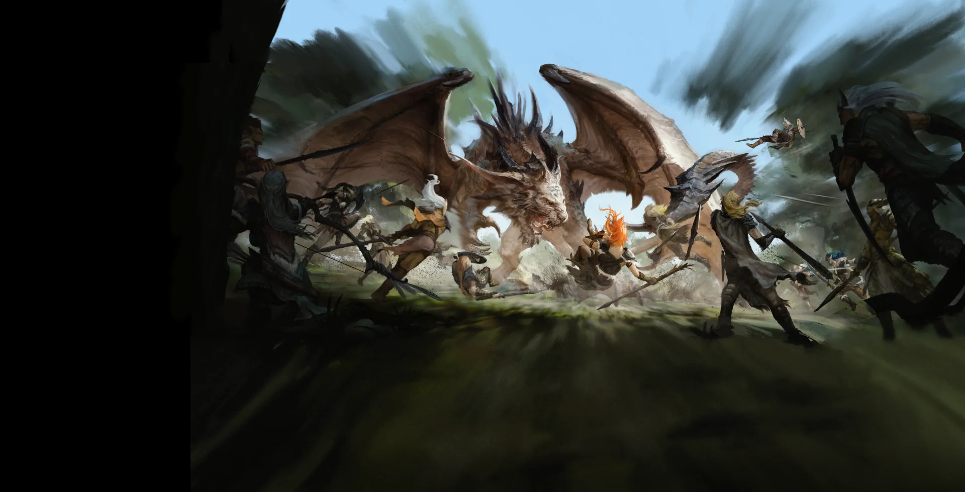 Fantasy illustration — heroes facing a dangerous beast